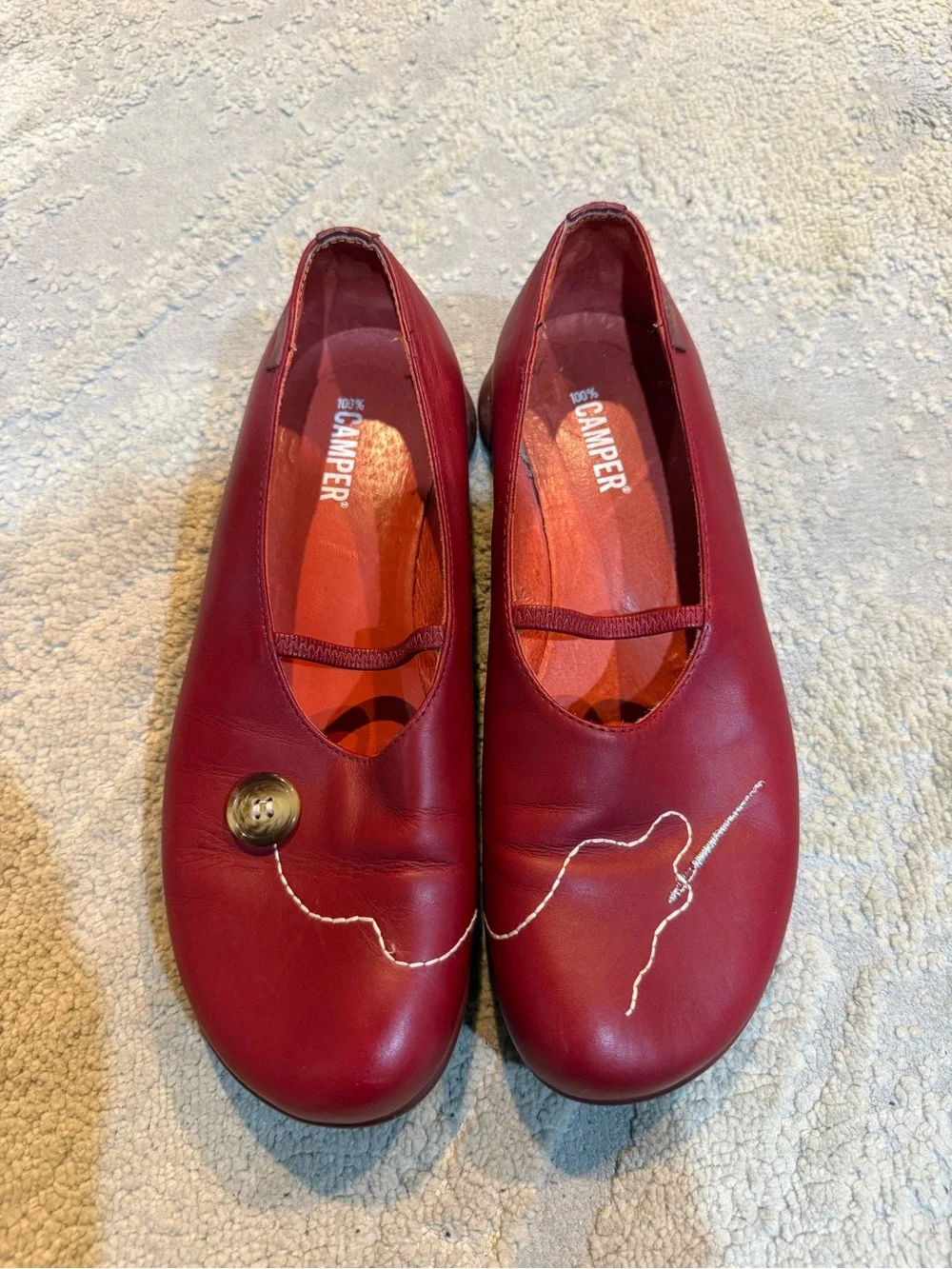 Camper Red Leather Ballet Flats needle and thread Stitch Accent Button 38 / 7.5